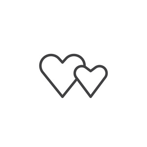 两个情人节心线图标轮廓矢量符号线性风格象形文字隔离在白色上。 情侣心脏符号标志插图。 可编辑行程