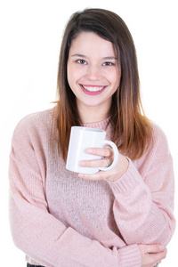 幸福的年轻女子的肖像，杯咖啡