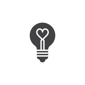 心脏形状在灯泡图标矢量填充平面标志固体象形文字隔离在白色上。 爱符号标志插图。