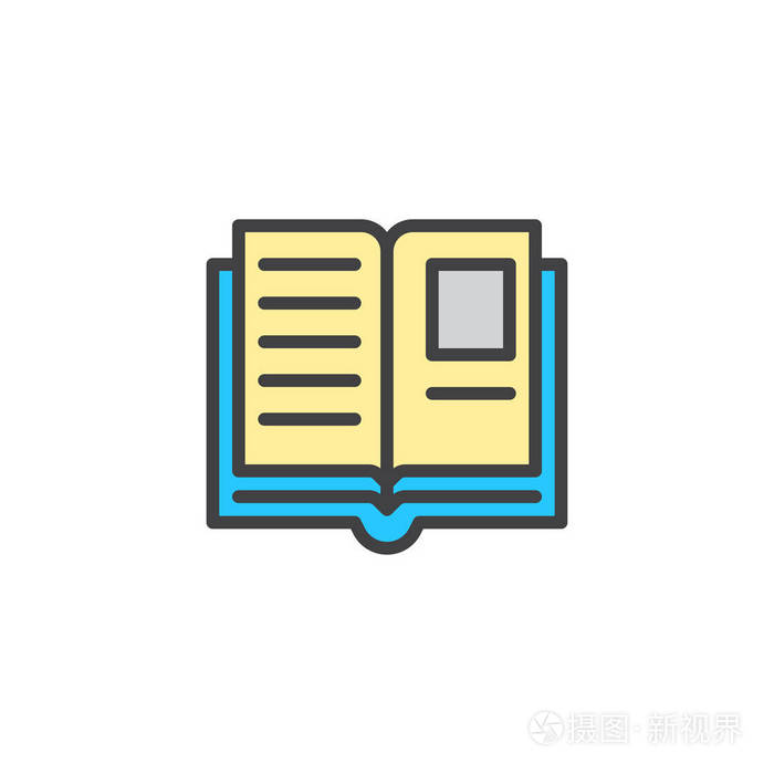 打开书页,填充轮廓图标线矢量符号,线性彩色象形文字隔离在白色上. 教