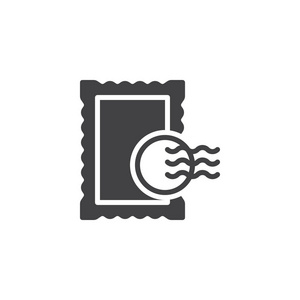 张贴邮票图标矢量填充平面标志固体象形文字隔离在白色上。 符号标志插图。