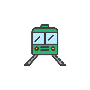 列车填充轮廓图标线矢量符号线性彩色象形文字隔离在白色上。 铁路符号标志插图。 像素完美矢量图形