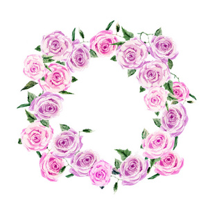 花卉玫瑰花环框架设计模板。粉红色的束玫瑰与叶子。手绘水彩画, 孤立在白色。文本的空白空白空间