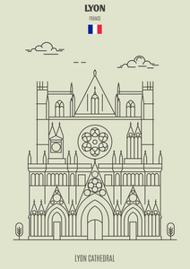 里昂法国里昂大教堂。 线性风格的地标图标