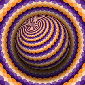 光学错觉催眠矢量插图. 紫色橙色波浪图案球体高耸在同一表面之上.