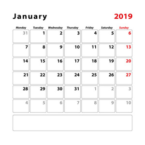 日历计划表2019年1月份周从星期日开始。 矢量图。