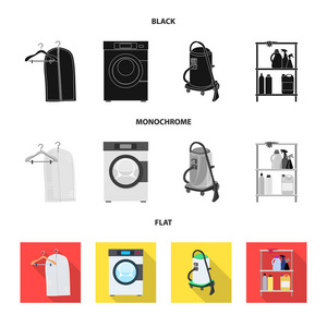 洗衣和清洁图标的矢量设计。收藏衣物和衣物矢量图标股票