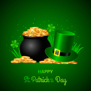 s Day greeting card. Traditional symbols are a pot of gold coins