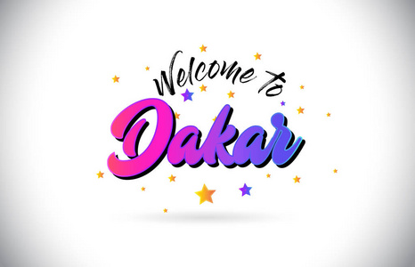 达卡尔欢迎使用紫色粉红色手写字体和黄色星星形状设计向量。