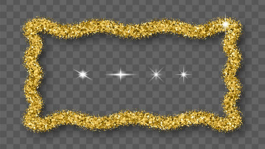 黄金闪光框架与布兰德阴影隔离在透明的背景。抽象光泽纹理矩形边界。纸屑的金色爆炸。矢量插图，EPS10。