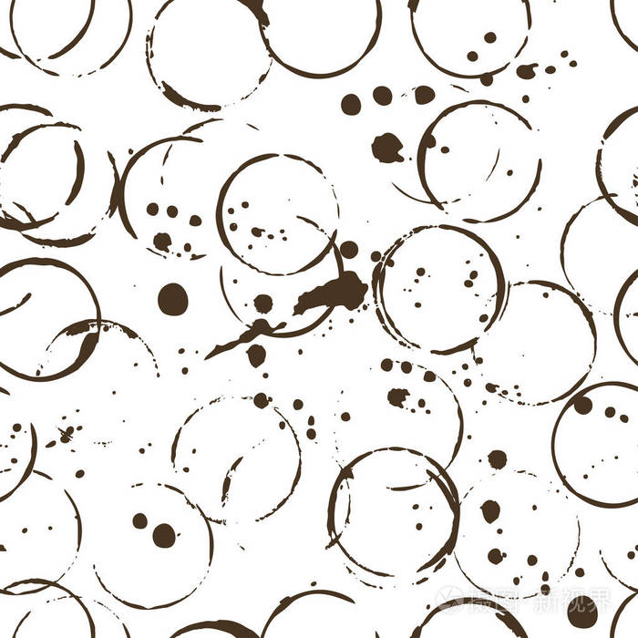 矢量杯的痕迹和斑点。无缝图案与咖啡污渍插图白色背景隔离。飞溅和飞溅的设计