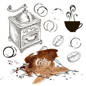 咖啡套插图，绘图，雕刻，墨水，线条艺术，手工咖啡磨床，杯子，斑点复古矢量