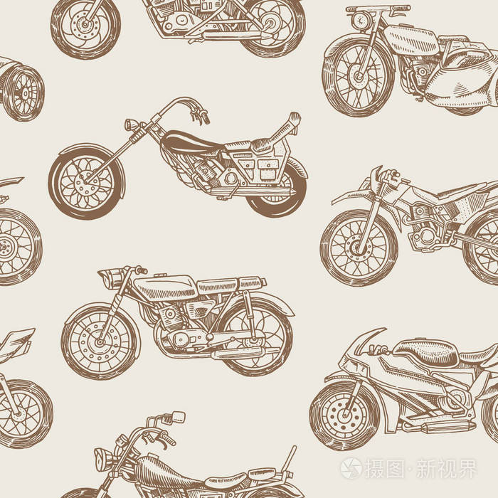 复古摩托车无缝模式自行车背景极端自行车运输复古的老风格手绘雕刻