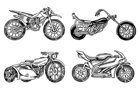 一套复古摩托车。收集自行车。极端自行车运输。复古的老风格。手绘雕刻单色素描