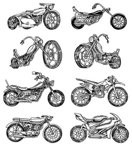 一套复古摩托车。收集自行车。极端自行车运输。复古的老风格。手绘雕刻单色素描