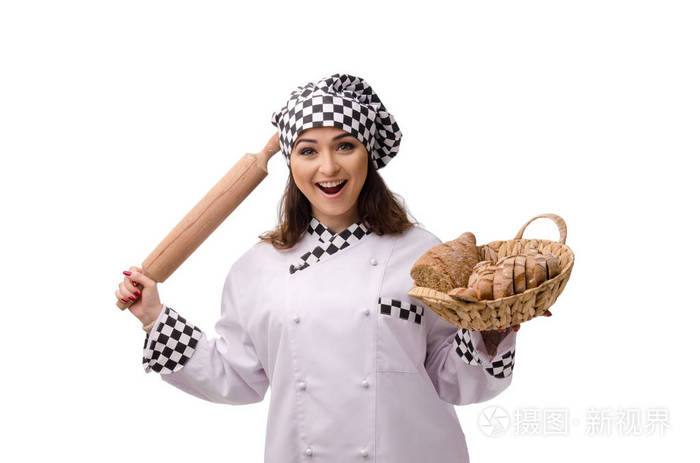 在白色查出的年轻的女面包师