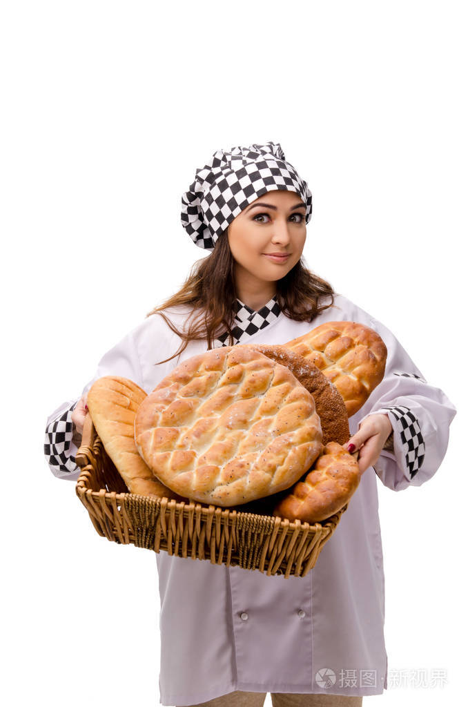 在白色查出的年轻的女面包师