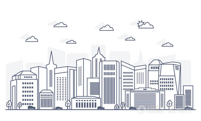 具有白色背景摩天大楼的城市宽线性水平全景