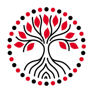 矢量图形.一对乌鸦与生命之树和神圣的几何生命之花象征,空间背景.