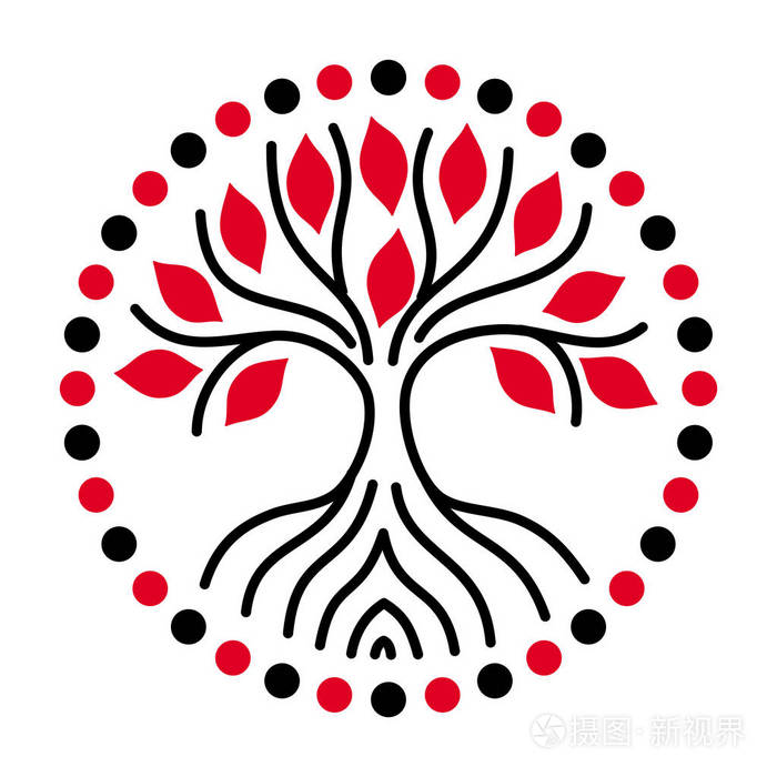生命之树在一个圆的曼陀罗的光环中用黑色和红色绘制字符矢量图形