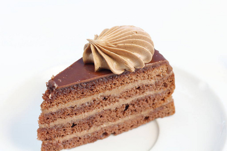一块美味的巧克力生日蛋糕甜点，配上白色盘子的巧克力奶油装饰，男士风格