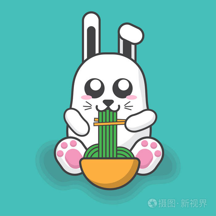 卡通兔子吃绿色面条性格可爱矢量设计