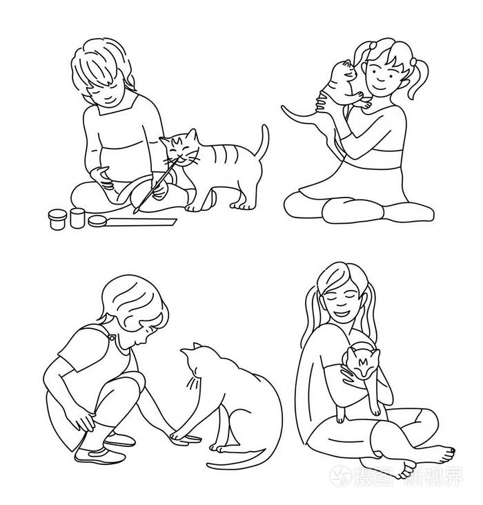 一组白色背景猫的小女孩插画-正版商用图片1917qm-摄图新视界