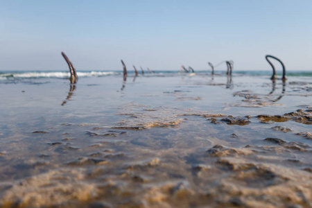 在阳光明媚的春天，海滨海滩和大海。 波浪浇筑了一个长长的混凝土墩。