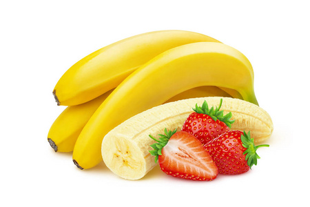香蕉和草莓隔离在白色背景与剪裁路径