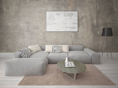 模拟是一个完美的客厅与舒适的角落沙发和时尚的时髦背景。