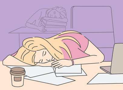 睡觉的女人在工作场所五颜六色的海报