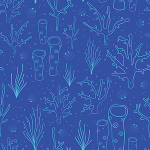 珊瑚礁蓝色无缝向量背景。水下的水样, 有珊瑚海参海藻海绵壳。手绘微妙的海洋涂鸦背景。适用于面料数码纸网页装饰
