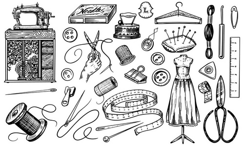 一套用于针线活的缝制工具和元素或材料。手工制作的设备。为徽章标签量身定制。螺纹和针, 人体模型。在古老的复古素描中雕刻的手绘写实