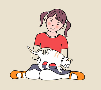 小女孩在彩色背景上玩猫卡通女孩正在追赶猫.