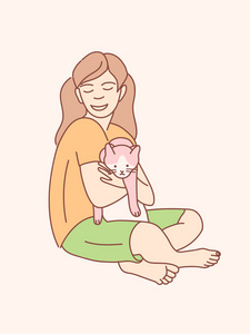 小女孩在彩色背景上玩猫