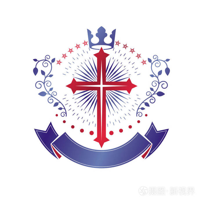 基督教图形标志的交叉. 纹章矢量设计元素. 复古风格标签纹章标志宗教