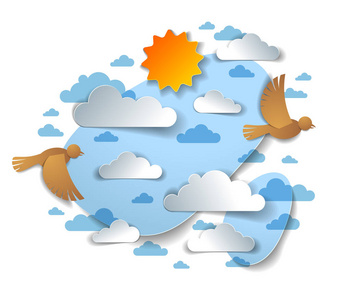 鸟儿在天空中飞翔,在美丽的云彩和阳光中飞翔,夏天的云景矢量插图