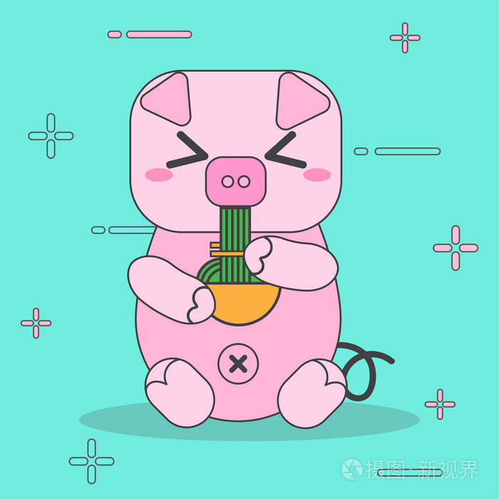 卡通粉红色猪吃面条性格可爱矢量设计
