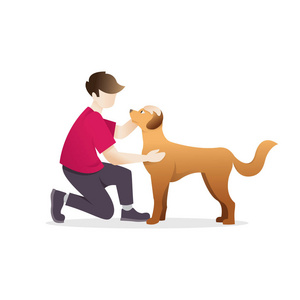人抚摸一只狗。 一个年轻人，他心爱的狗在白色的背景上。 拥抱狗的人。 矢量插图