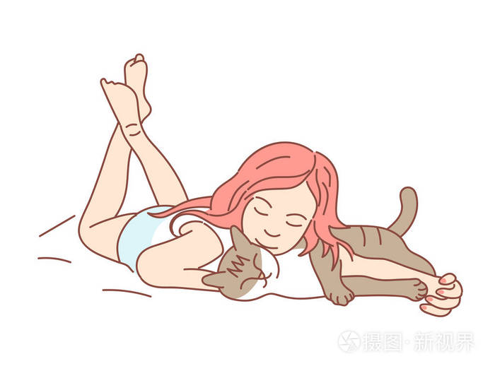 小女孩在白色背景下玩猫
