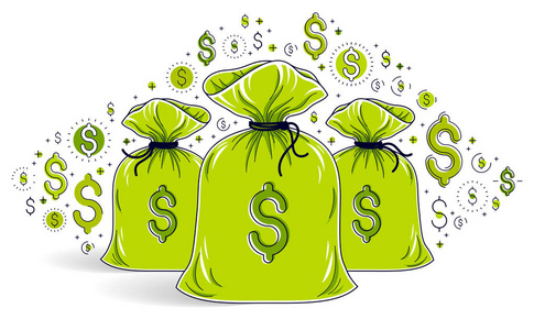 钱袋和美元图标设置矢量设计储蓄或投资概念。