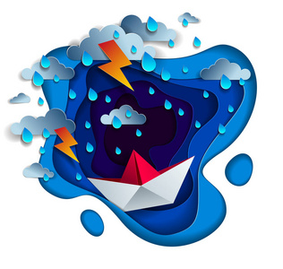 折纸船玩具在雷雨中游泳，用闪电戏剧性的矢量插图说明暴风雨的雨天在海洋上与玩具船挣扎生存。