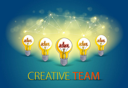 创意团队概念组的五个发光灯泡代表创意人的想法，团队合作，有想法一起工作矢量插图。
