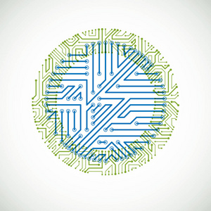 矢量抽象彩色技术插图与圆形绿色和蓝色电路板。 电子设备的高技术圆形数字方案。