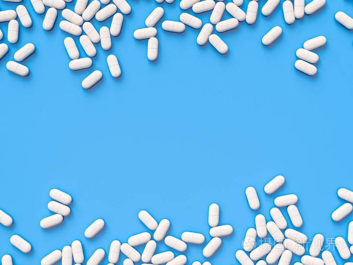 散落在蓝色背景上的药物药片模拟模板保健概念三维渲染图
