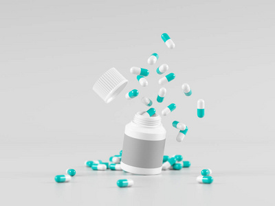 散落的药物药片在浅灰色背景下从白色瓶子中溢出。 模拟模板。 保健概念。 三维渲染图