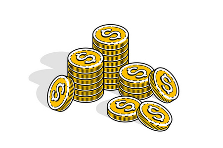 现金硬币堆叠孤立在白色背景. 矢量三维等距业务和金融插图细线设计.