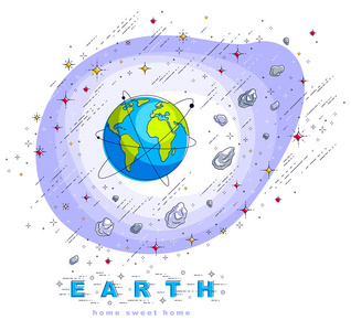 地球在太空中，我们的星球在巨大的宇宙中被火箭小行星和恒星包围。 卡通科学宇宙。 细线三维矢量插图隔离在白色上。