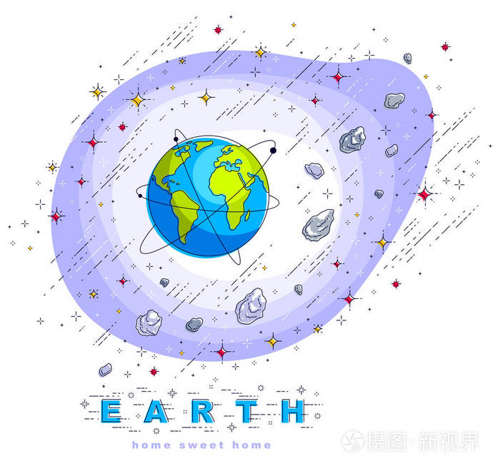 地球在太空中，我们的星球在巨大的宇宙中被火箭小行星和恒星包围。 卡通科学宇宙。 细线三维矢量插图隔离在白色上。