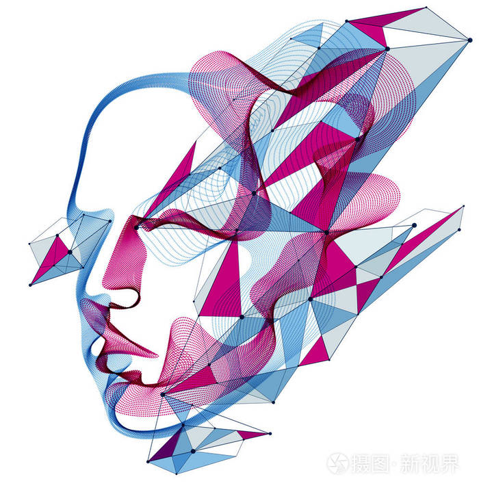 虚线粒子人体肖像抽象人头矢量波形阵列人工智能PC编程软件接口数字灵魂。